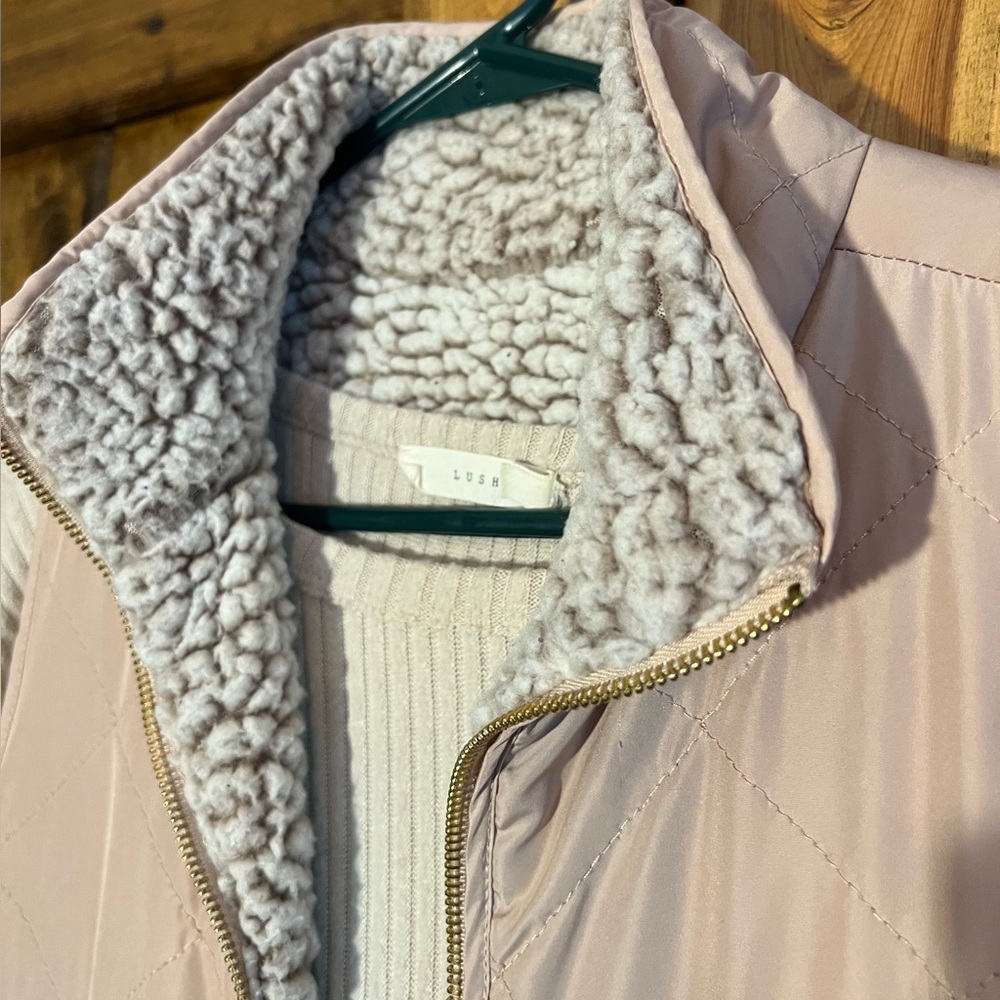 Lush tan sweater and blush Sherpa vest